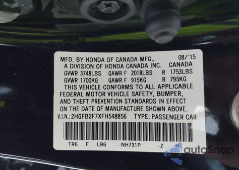 2015 Honda Civic Se z USA, uszkodzony, nr VIN 2HGFB2F7XFH548856